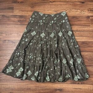 Vintage Tiered‎ Embroidered Brown Maxi Skirt Green Sequins Boho Cottage Fairy L